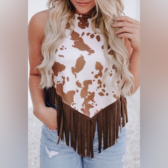 WESTERN Tops - White Cow Printed Fringe Hem Tank Top